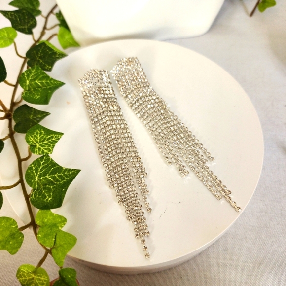 boutique Jewelry - Silver and Rhinestone Fringe Glam Earrings
